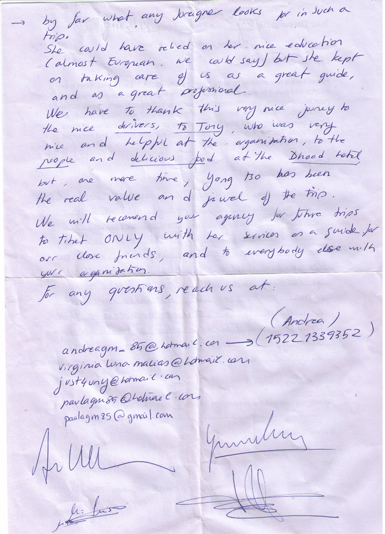 Tibet tour feedback and reference letter 0812-P4, Spainish tour group